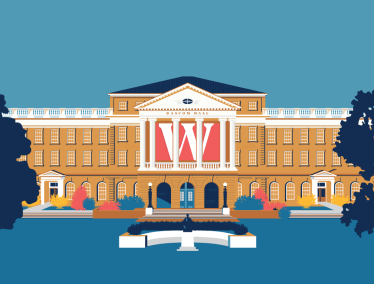 An illustration of Bascom Hall, featuring a large red 'W' banner hanging between the columns on the front facade.