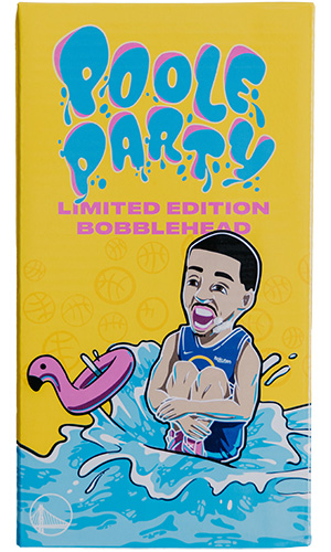 A colorful box labeled 'Poole Party Limited Edition Bobblehead' featuring an illustration of a basketball player cannonballing into water with a pink flamingo pool float.