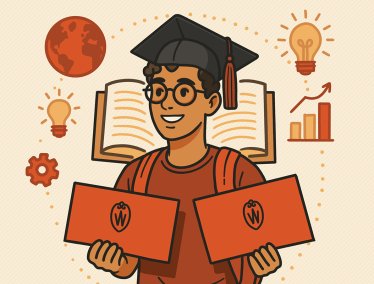 Illustration of a graduate in cap and gown holding two certificates with a 'W' logo, surrounded by educational icons including a book, light bulbs, a globe, a gear, and an upward-trending bar graph.