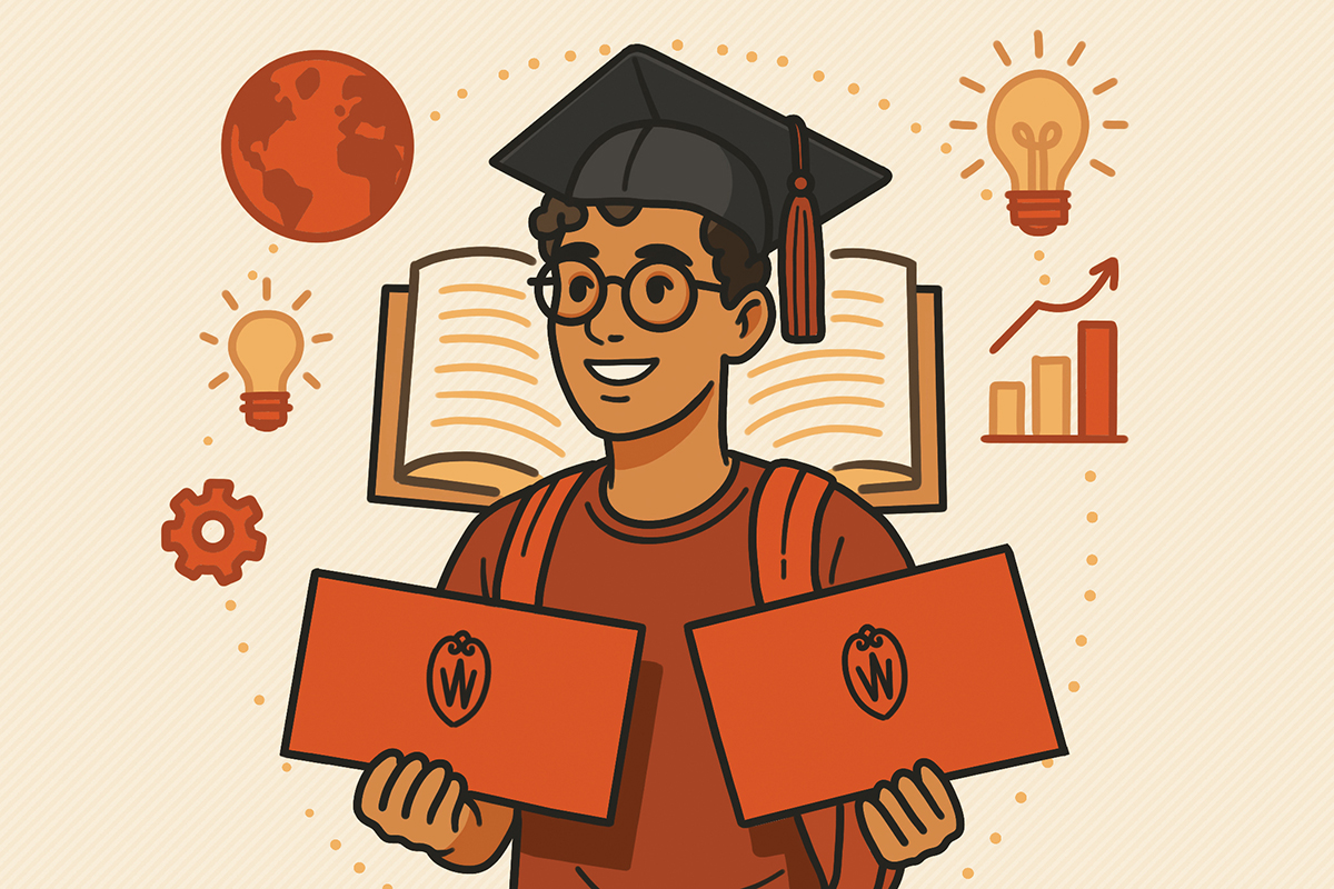 Illustration of a graduate in cap and gown holding two certificates with a 'W' logo, surrounded by educational icons including a book, light bulbs, a globe, a gear, and an upward-trending bar graph.
