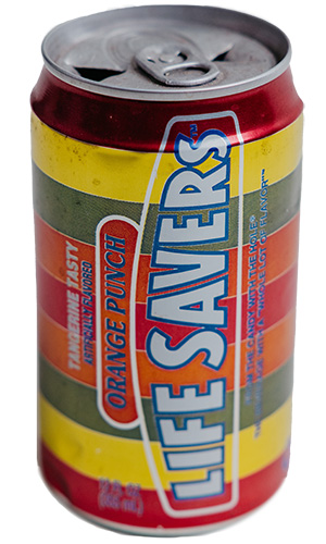 A vintage soda can with red, yellow, and green stripes labeled 'LIFE SAVERS' in large letters.