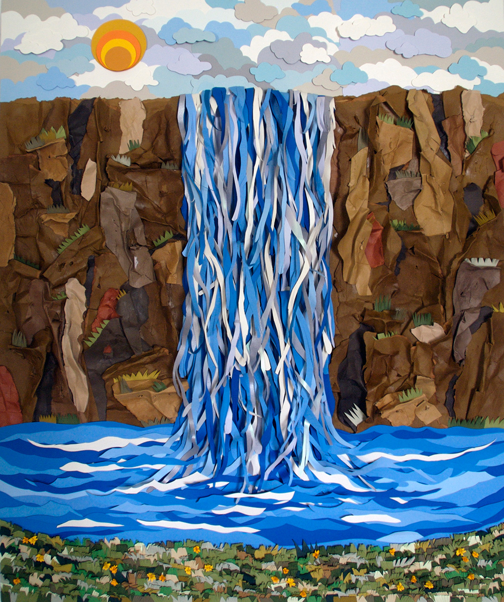 A vibrant collage depicting a waterfall cascading down rocky cliffs into a blue pool, with a colorful sun and clouds in the sky above, and flowers blooming in the grassy foreground.