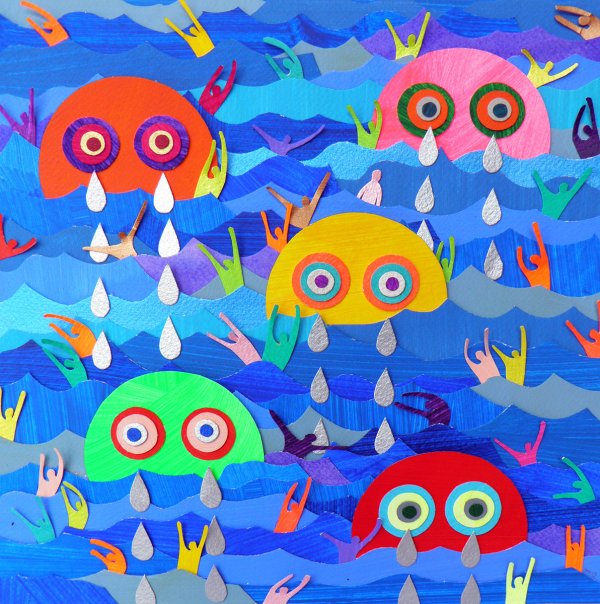 Colorful artwork depicting five large, round faces with big eyes and tears falling from them, surrounded by numerous small, multicolored human figures with raised arms in a wavy blue sea.