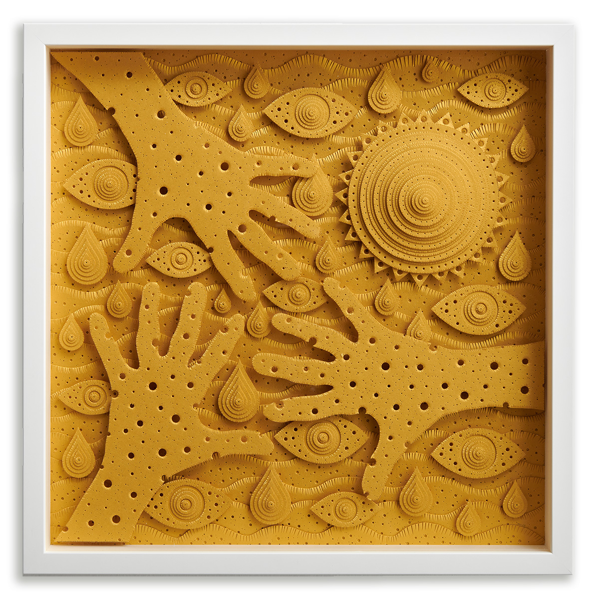 The artwork features a textured, layered design with multiple hands, eyes, and teardrop shapes in a monochromatic yellow color scheme.