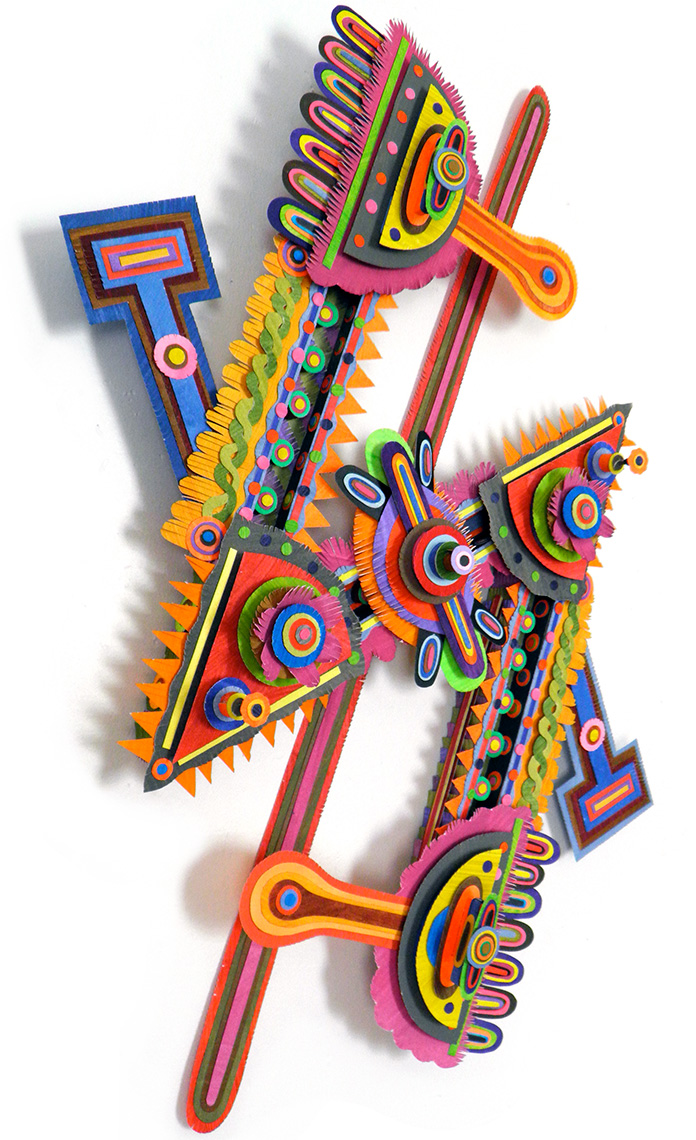 A vibrant, abstract artwork featuring a complex arrangement of colorful geometric shapes and patterns, including circles, triangles, and lines in bright hues of orange, pink, yellow, green, blue, and purple.