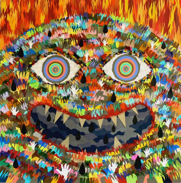 Vibrant and colorful abstract artwork depicting a large face with spiral eyes, a wide mouth with sharp teeth, and numerous small hand shapes in various colors covering the entire surface.