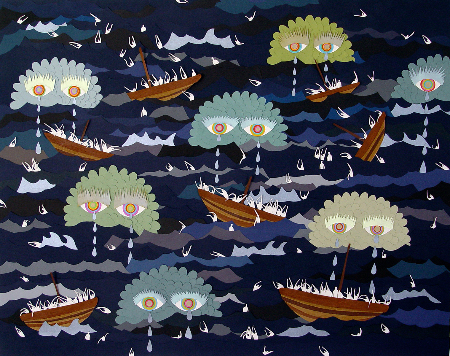 The image depicts a surreal scene with multiple wooden boats floating on dark, wavy waters, surrounded by large cloud-like formations with human eyes that are crying, and numerous small white birds flying around.
