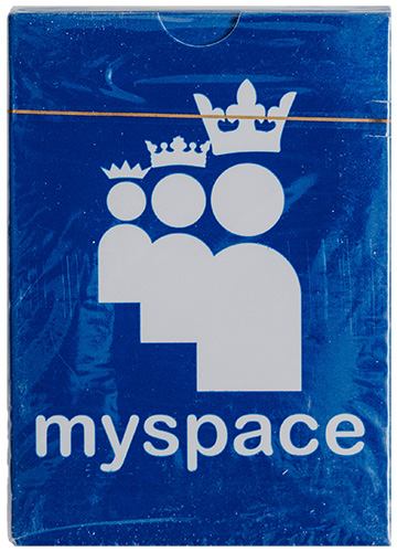 A package featuring the Myspace logo with three white crowned user icons increasing in size from left to right, and the word "myspace" written in lowercase below.