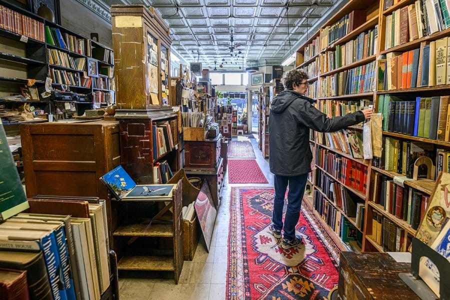 A person browses books on a tall bookshelf in a cozy, well-lit bookstore with wooden shelves and colorful rugs.
