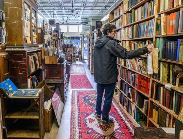 A person browses books on a tall bookshelf in a cozy, well-lit bookstore with wooden shelves and colorful rugs.