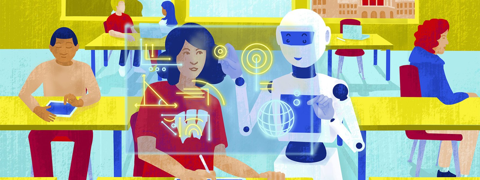 Illustration of a robot helping a student with classwork, surrounded by holographic diagrams and symbols, while other students work at their desks in the background.