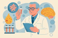 Illustration of a scientist in a lab coat holding a test tube with orange liquid, surrounded by stylized scientific elements like a brain, cells, and additional test tubes.