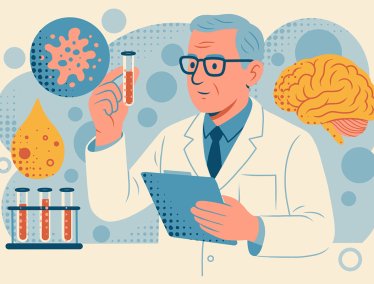 Illustration of a scientist in a lab coat holding a test tube with orange liquid, surrounded by stylized scientific elements like a brain, cells, and additional test tubes.