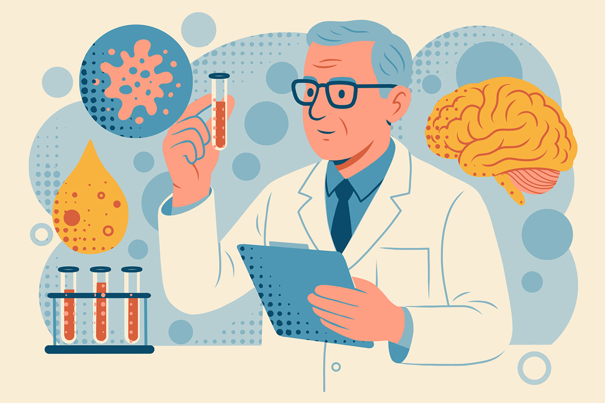 Illustration of a scientist in a lab coat holding a test tube with orange liquid, surrounded by stylized scientific elements like a brain, cells, and additional test tubes.