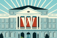 An illustration of Bascom Hall with a large red 'W' banner hanging between its columns, set against a background of radiating light beams.