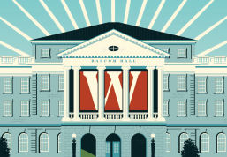 An illustration of Bascom Hall with a large red 'W' banner hanging between its columns, set against a background of radiating light beams.