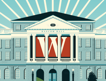 An illustration of Bascom Hall with a large red 'W' banner hanging between its columns, set against a background of radiating light beams.