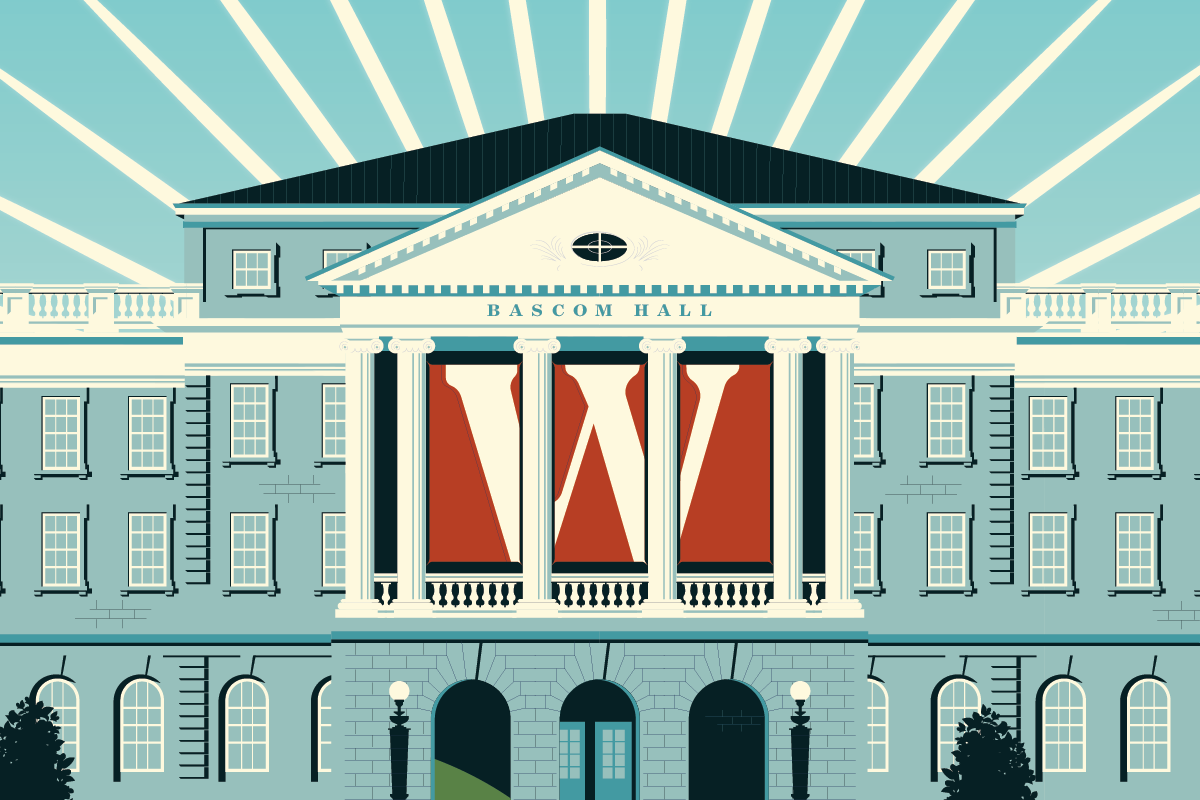 An illustration of Bascom Hall with a large red 'W' banner hanging between its columns, set against a background of radiating light beams.