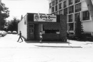 Black and white photo of Rocky Rococco's pizza building on Gilman Street