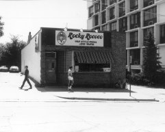 Black and white photo of Rocky Rococco's pizza building on Gilman Street