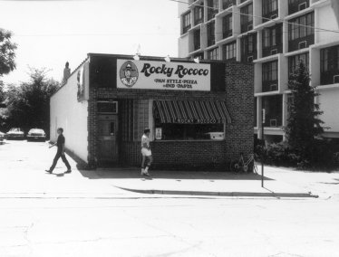 Black and white photo of Rocky Rococco's pizza building on Gilman Street