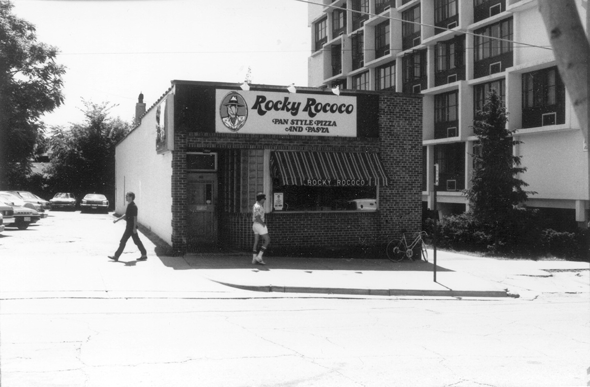 Black and white photo of Rocky Rococco's pizza building on Gilman Street