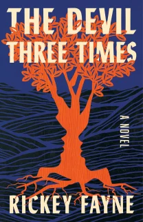 Book cover of "The Devil Three Times" featuring a bright orange tree graphic against a dark blue background
