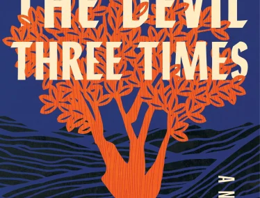 Book cover of "The Devil Three Times" featuring a bright orange tree graphic against a dark blue background