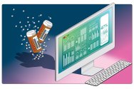 An illustration of two prescription pills over the shadow of a hand behind a computer monitor displaying charts, graphs, and other statistics.