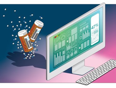 An illustration of two prescription pills over the shadow of a hand behind a computer monitor displaying charts, graphs, and other statistics.
