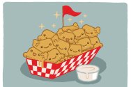 Illustration of smiling cheese curds in a paper tray
