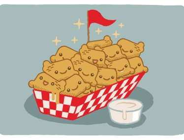 Illustration of smiling cheese curds in a paper tray