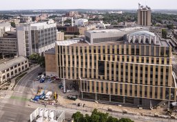Aerial photo of the soon to be completed Morgridge Hall