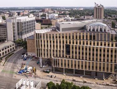 Aerial photo of the soon to be completed Morgridge Hall