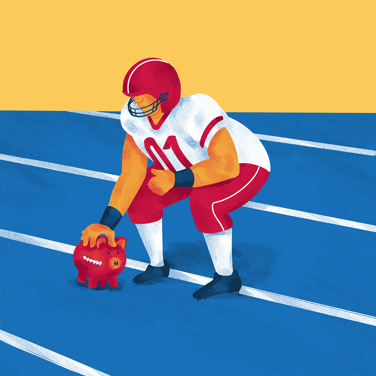 Ilustration showing a football player in a crouched position wearing red and white, and holding a red piggy bank painted like a football on a blue field with white lines and a yellow sky.