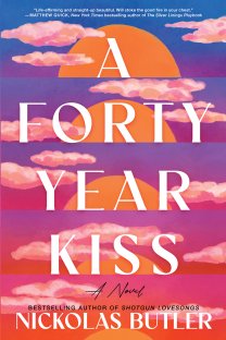 Book cover of "A Forty Year Kiss" with text against a pink and purple graphical sunset