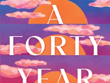 Book cover of "A Forty Year Kiss" with text against a pink and purple graphical sunset