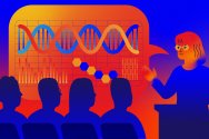 Illustration of students and teacher with graphic of DNA strand