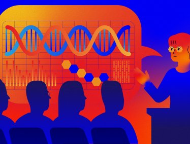 Illustration of students and teacher with graphic of DNA strand