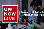 Photo graphic of UW Now Live logo over an image of a man in a lab
