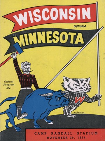 A colorful vintage football program cover from November 20, 1954, features a cartoon of a person riding a blue bull with an axe and Wisconsin’s Bucky Badger waving a flag, highlighting the spirited rivalry between Wisconsin and Minnesota at Camp Randall Stadium.