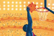 Illustration of a basketball player dunking a piggy bank-shaped ball into a hoop in a brightly lit stadium.