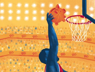 Illustration of a basketball player dunking a piggy bank-shaped ball into a hoop in a brightly lit stadium.