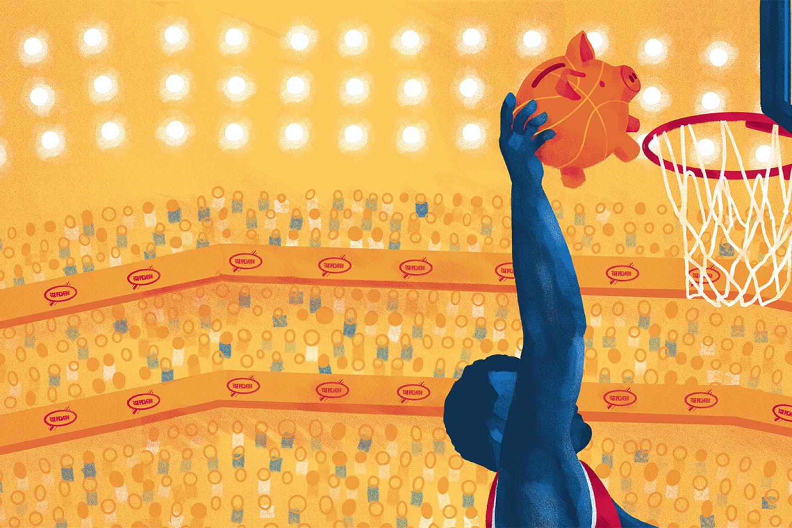 Illustration of a basketball player dunking a piggy bank-shaped ball into a hoop in a brightly lit stadium.