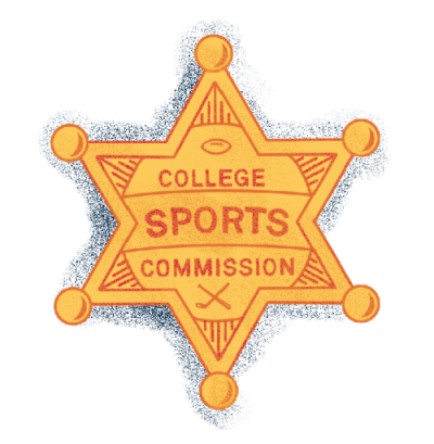 Illustration of a gold six-pointed badge that reads 'College Sports Commission'.