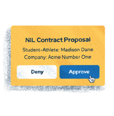 An illustration of a digital interface titled 'NIL Contract Proposal' displays the name and company fields, with buttons labeled 'Deny' and 'Approve,' and a cursor clicking on 'Approve.'