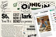 A collage of newspaper and online stories from the Onion, displaying satirical article titles such as 'Cost Of Living Now Outweighs Benefits'.