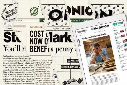A collage of newspaper and online stories from the Onion, displaying satirical article titles such as 'Cost Of Living Now Outweighs Benefits'.