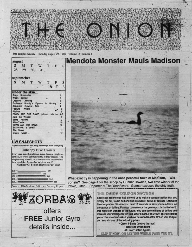 A newspaper front page from The Onion dated August 29, 1988, featuring the headline 'Mendota Monster Mauls Madison' with a lake monster photo, a calendar, humorous article listings, stolen bicycle statistics, and a coupon section.
