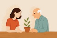 An illustration of a younger and older person sitting at a table, both looking at a small potted plant between them.